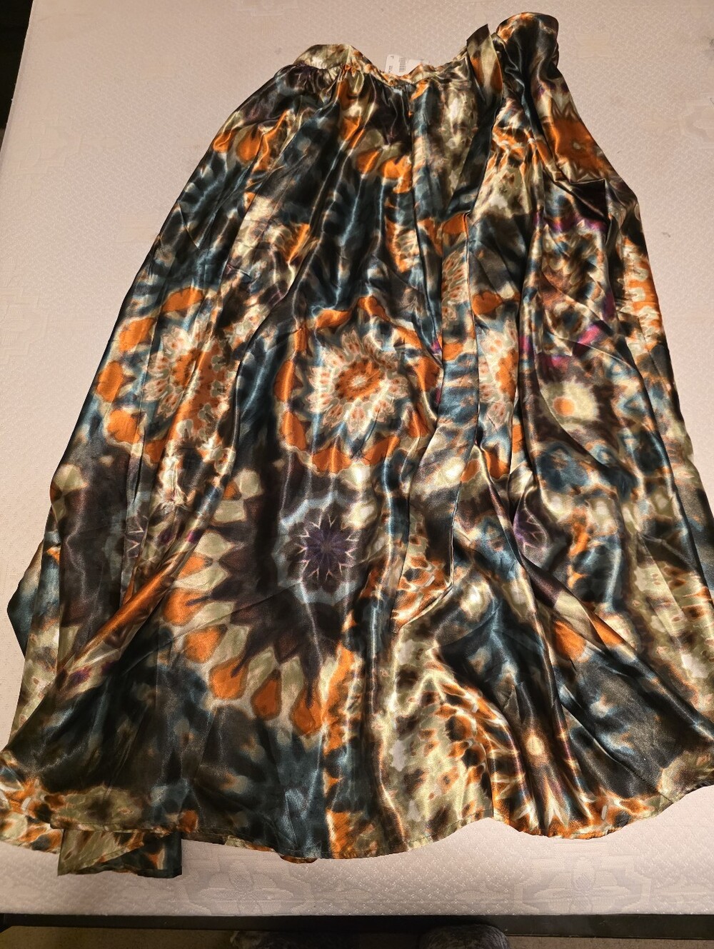 Versona Multicolor Satin Maxi Skirt with Orange and Blue Tie-Dye Pattern